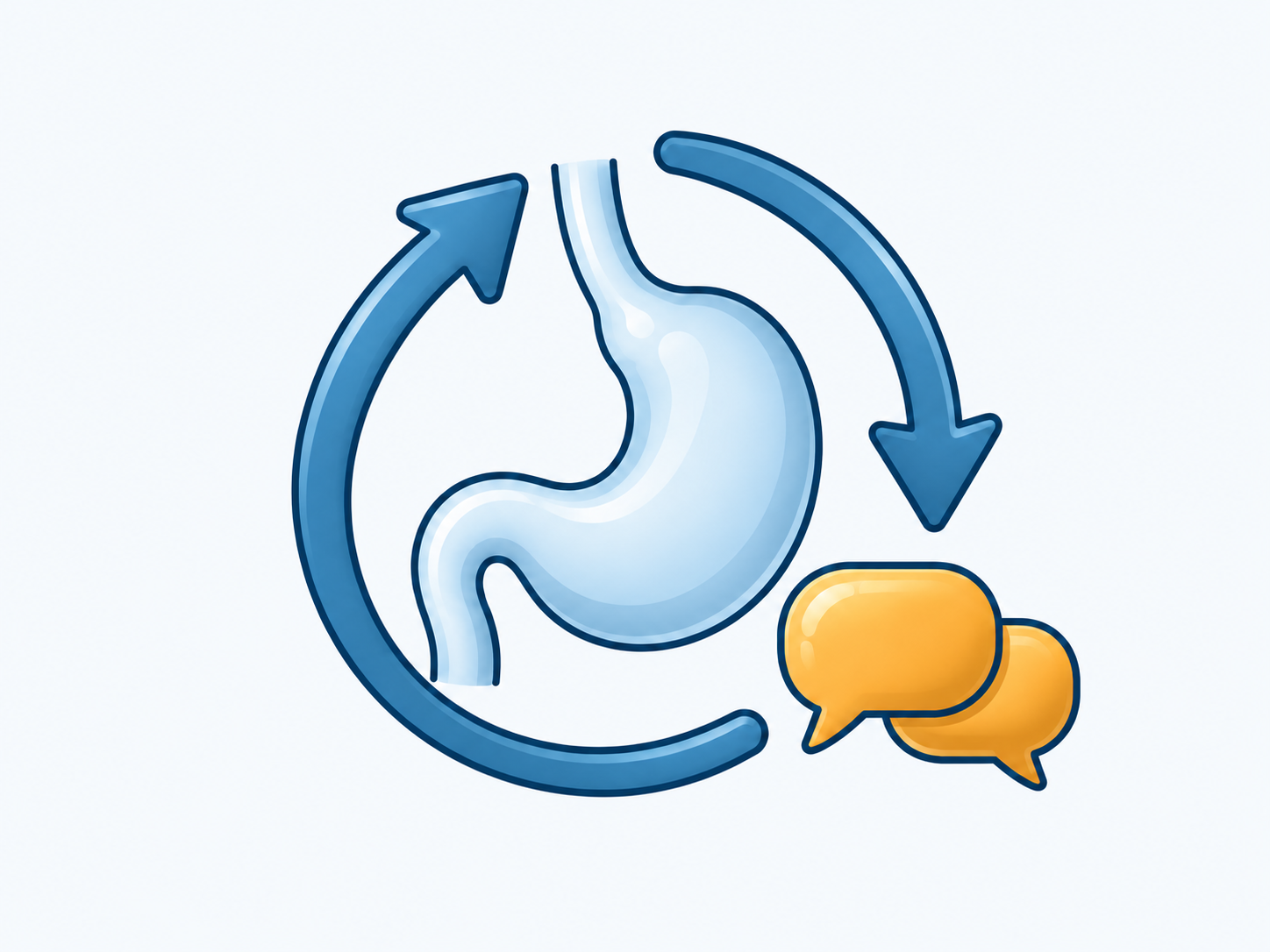 A simplified stomach surrounded by reassessment arrows and two conversation bubbles.